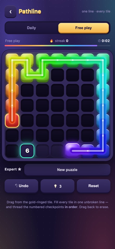 Pathline in Garoo Arcade: a rainbow line threading through a glowing grid of tiles