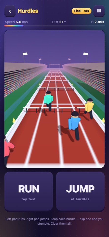Hurdles in Garoo Arcade: runners clearing hurdles on a red track in a stadium