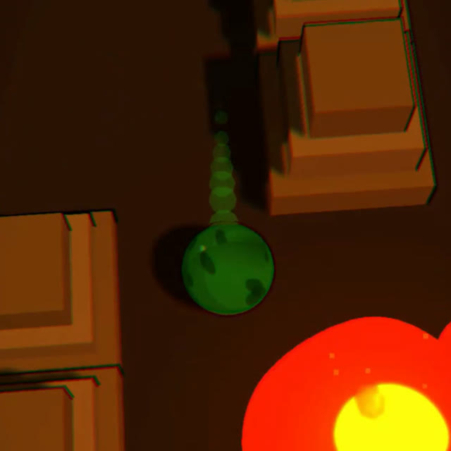 Fire-level gameplay — the ball rolling past a spreading lava hazard