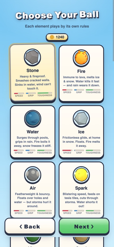 Choose Your Ball screen listing Stone, Fire, Water, Ice, Air and Spark