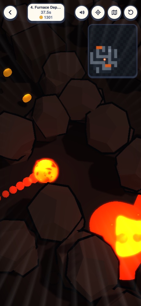 A fire ball rolling through a lava maze with a minimap in the corner