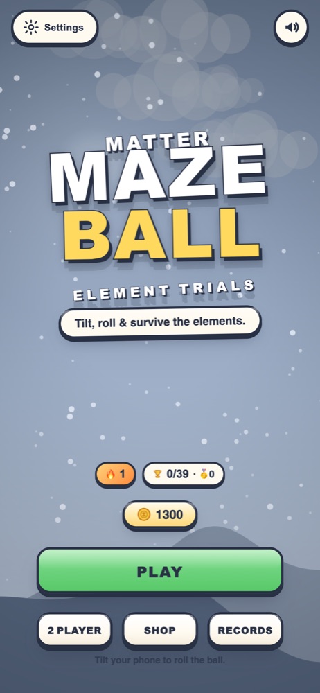 Matter MazeBall title screen with Play, 2 Player, Shop and Records buttons