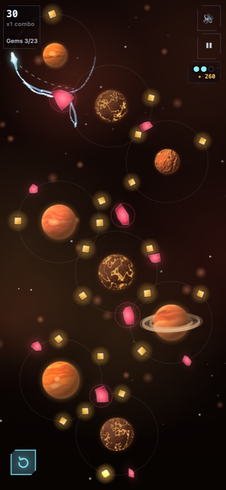 Starcarver: a glowing ship arcing between lava planets, collecting gems