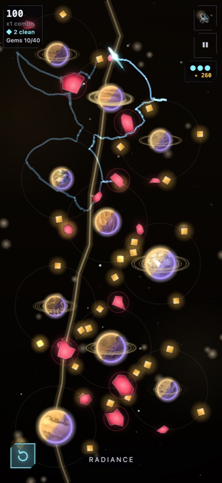 Starcarver: a ship carving a long bright trail through a field of ringed purple and gold planets